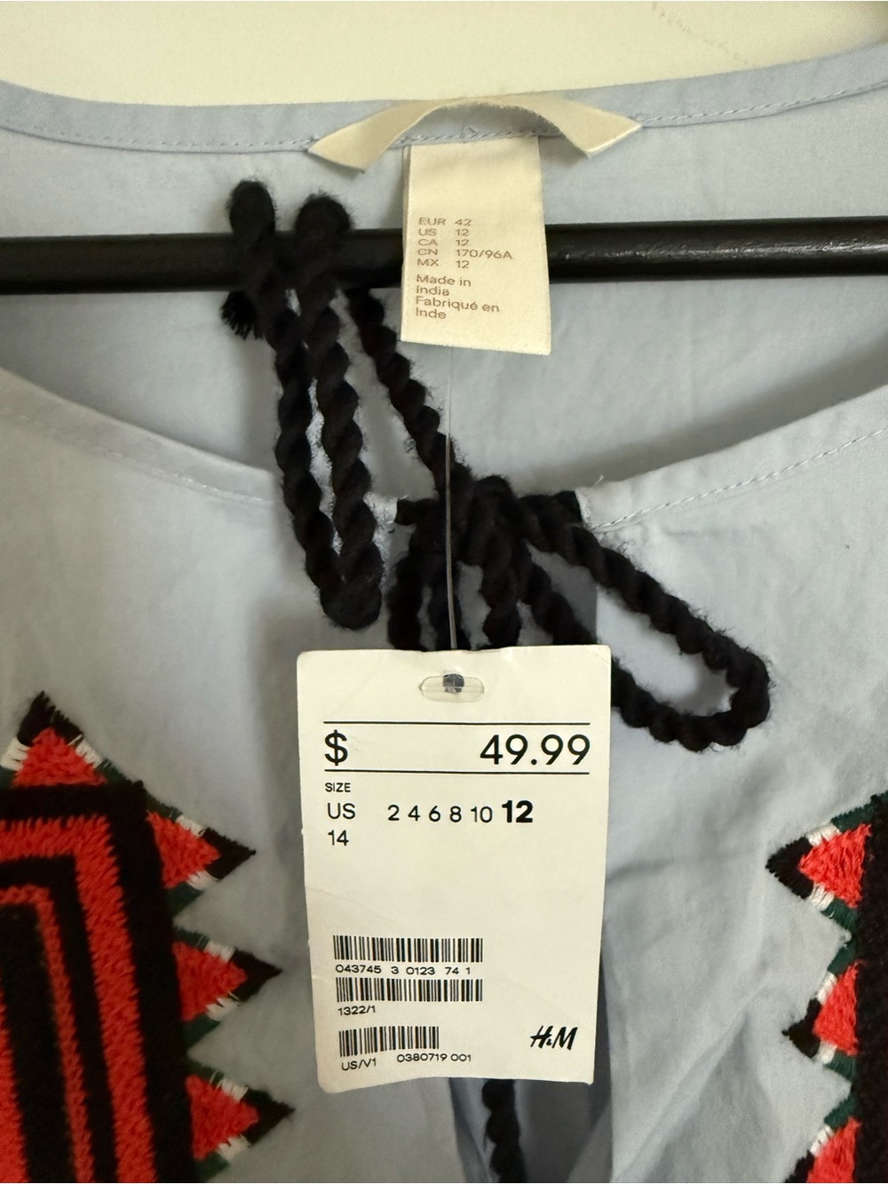 H&M Light Blue Midi Dress with Red and Black Embroidery - Picture 2 of 7